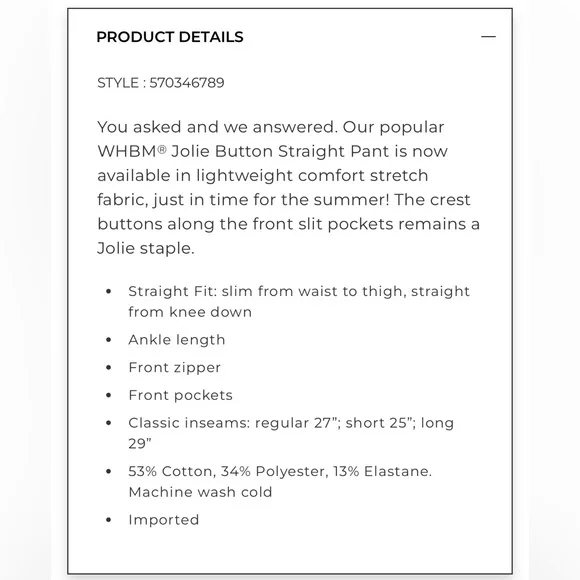 NWT WHBM Jolie Button Straight Lightweight Pants Size 14 L - Ankle 29โ Black - Picture 2 of 9